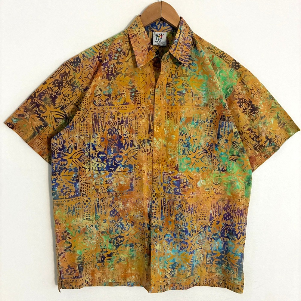 Vtg Rum Reggae Hawaiian Shirt Mens S Saffron Short Sleeve Abstract Tropical Camp